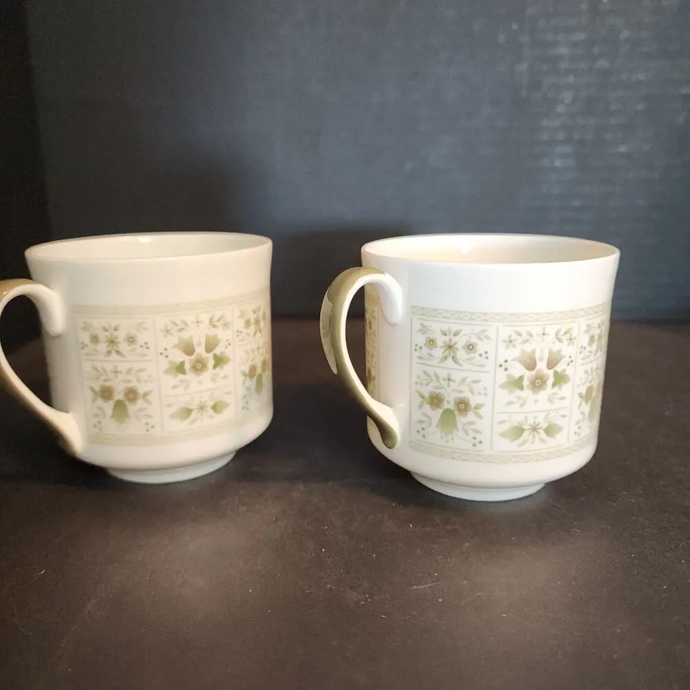 Royal Doulton Tea Coffee China Cup~Samarra~Green Tan Floral, England Set of 2